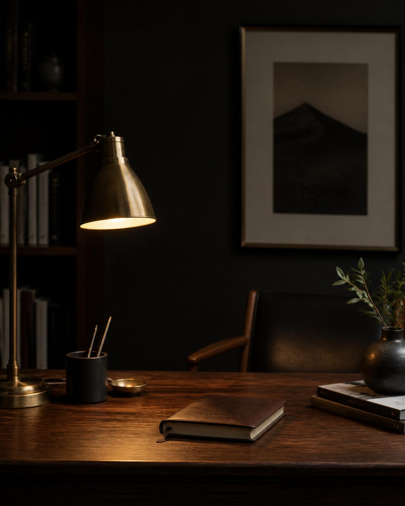 A quiet study - brass desk lamp, leather notebook, framed print